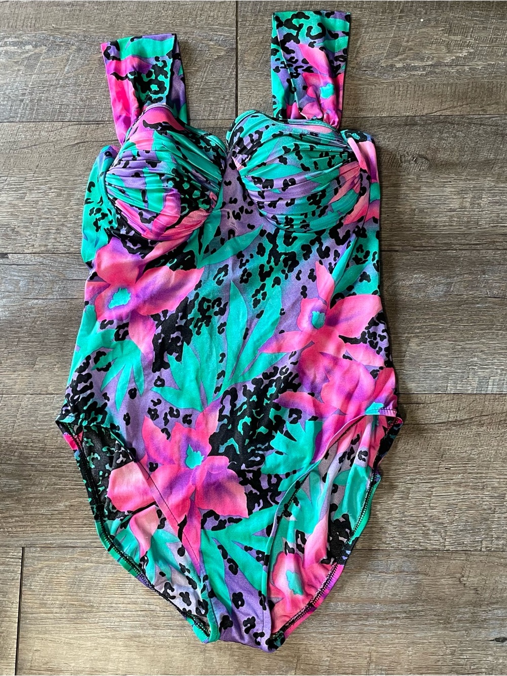 Mainstream Floral Cheetah Print One Piece Swimsuit 80s Vintage Union Made